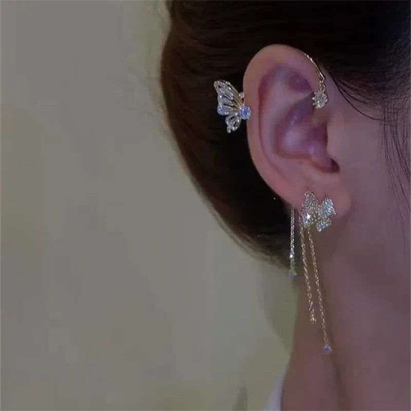 Fashion Sparkling Long Tassel Crystal Stars Ear Clip