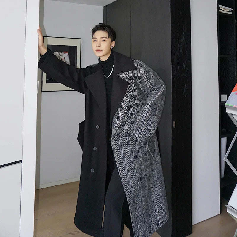 NOYMEI Autumn Winter Patchwork Korean Style Men's Trench