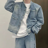 Men's Casual Washed Denim Jacket Streetwear Ripped Stand