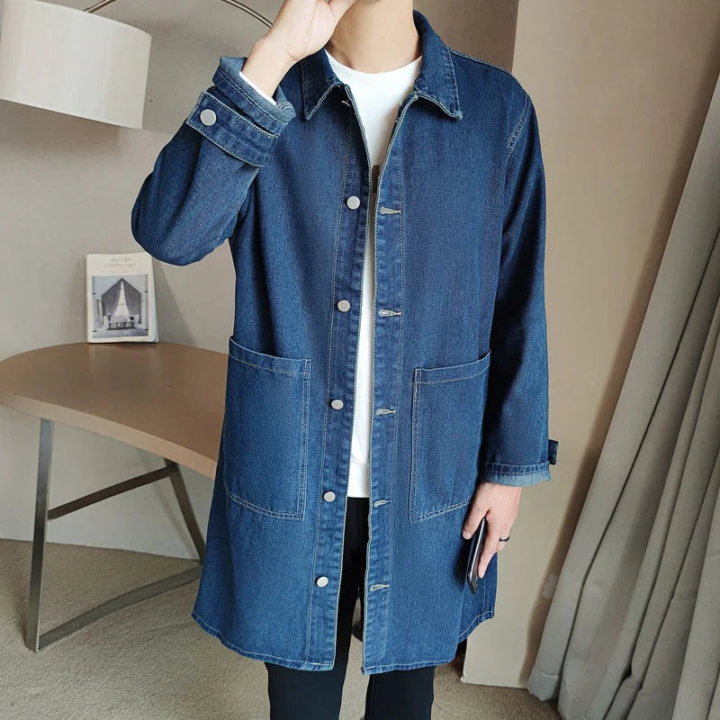 Mid-length Denim Windbreaker Jacket Men Spring Autumn Casual