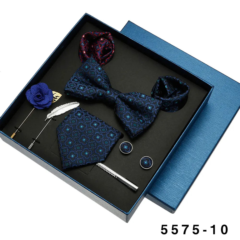 Black Mens Neck Tie Gift Set Bowtie Pocket