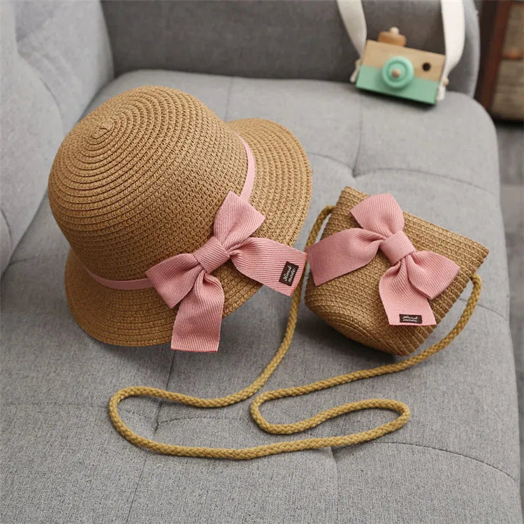 2pcs Set Summer Straw Hat With Bag For