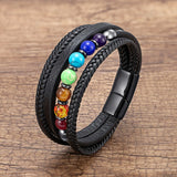 Stainless Steel Genuine Men‘s Leather Bracelet Natural Chakra Stone Bead Bracelet Trendy Designer Luxury Man Bracelet Jewelry