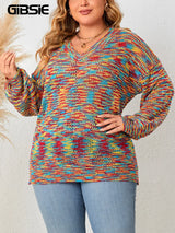 GIBSIE Plus Size Lantern Sleeve V Neck rainbow