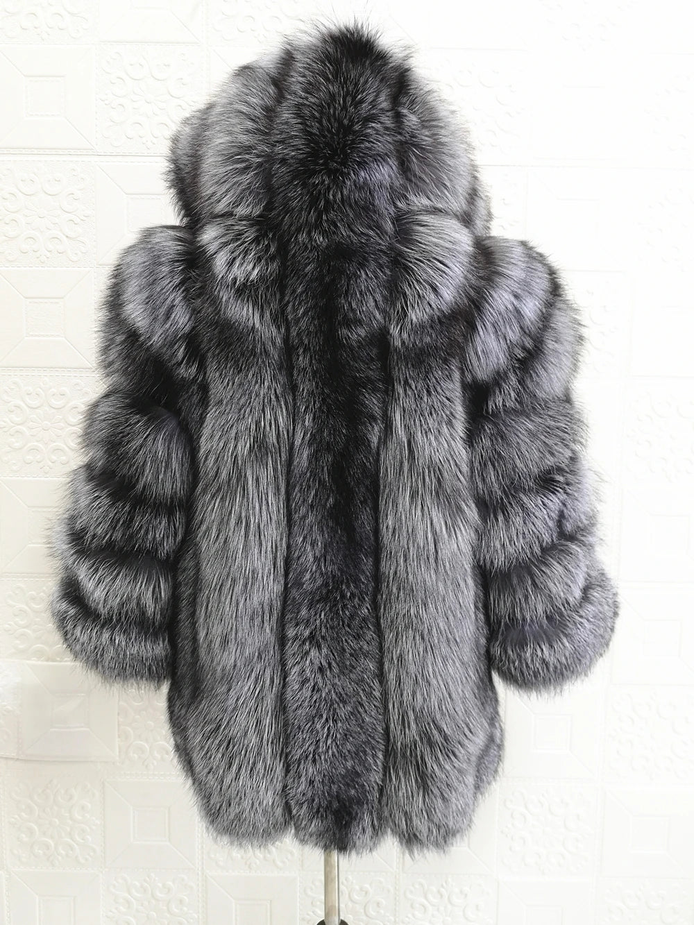 Hooded Silver Fox Fur Coat for Women, Plus