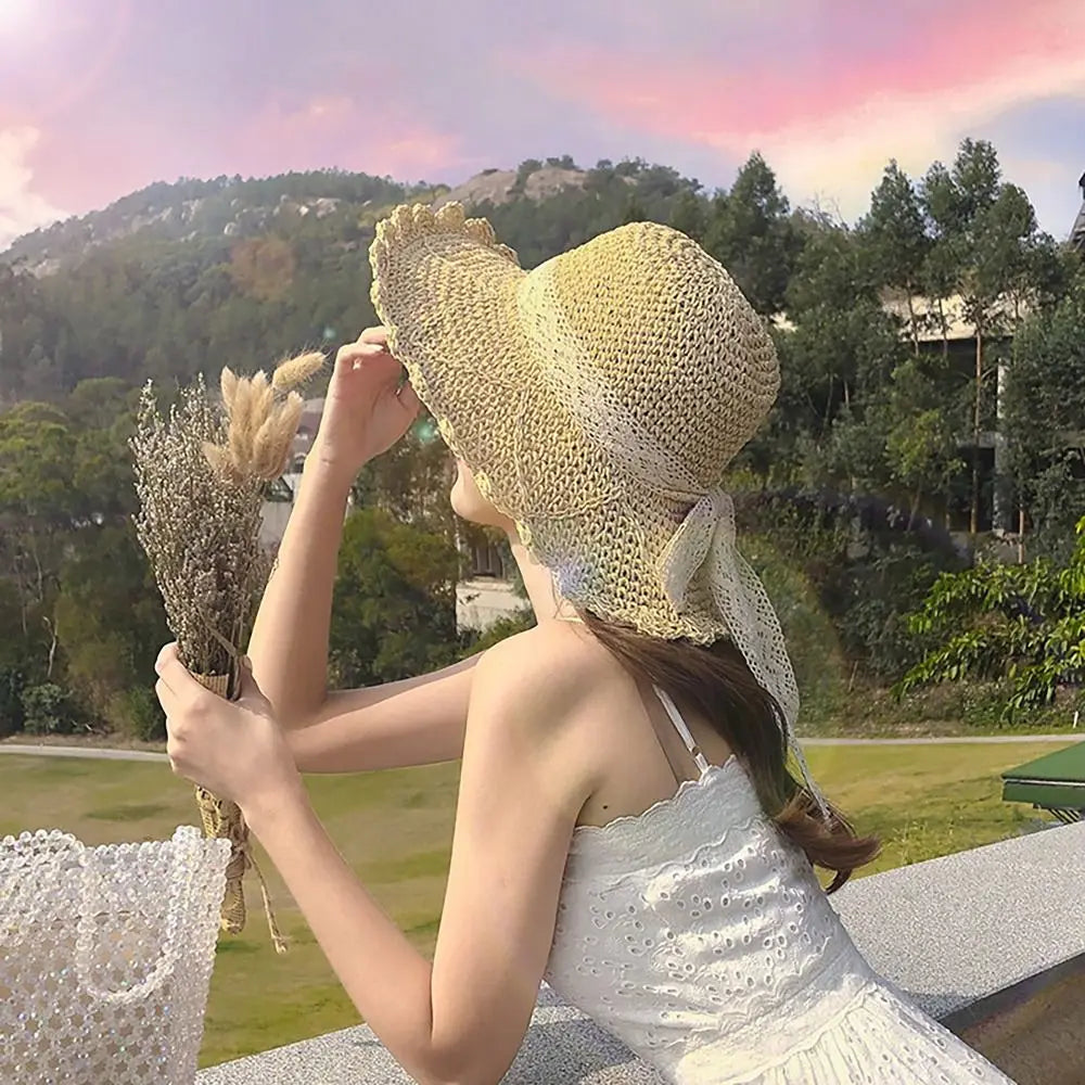 Wide Brim Straw Hat Foldable Big Lace Bow