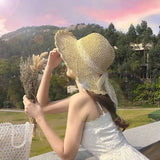 Wide Brim Straw Hat Foldable Big Lace Bow