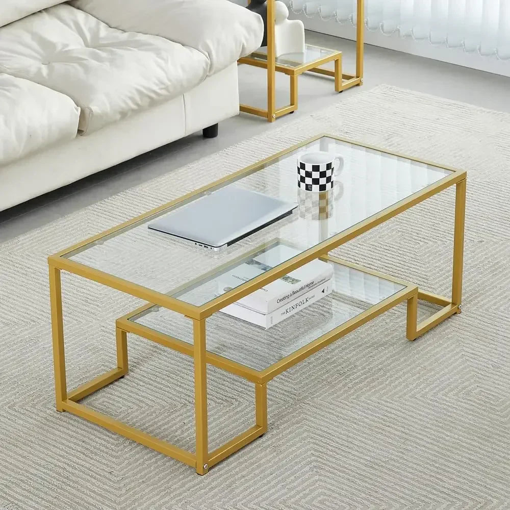 Metal Glass Coffee Table - Two-Tiered with Tempered