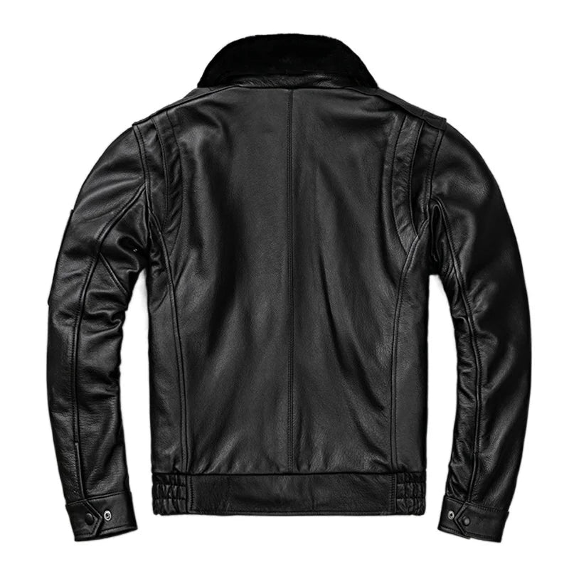 Removable Natural Fur Collar Genuine Cow Leather Jacket