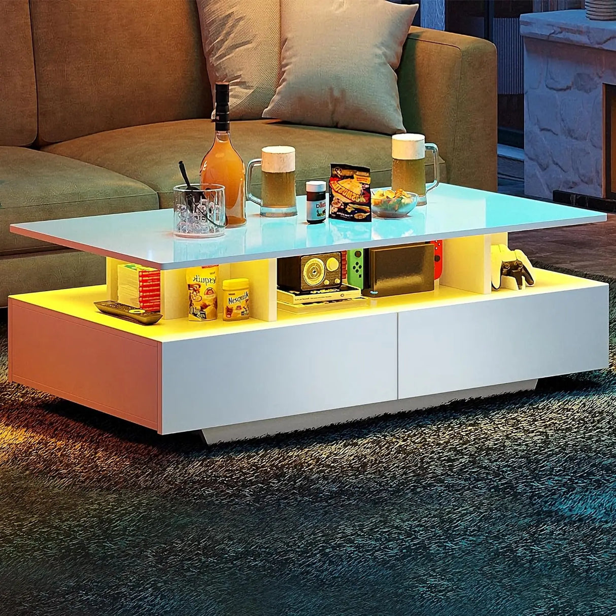 LED coffee table with storage, living room high