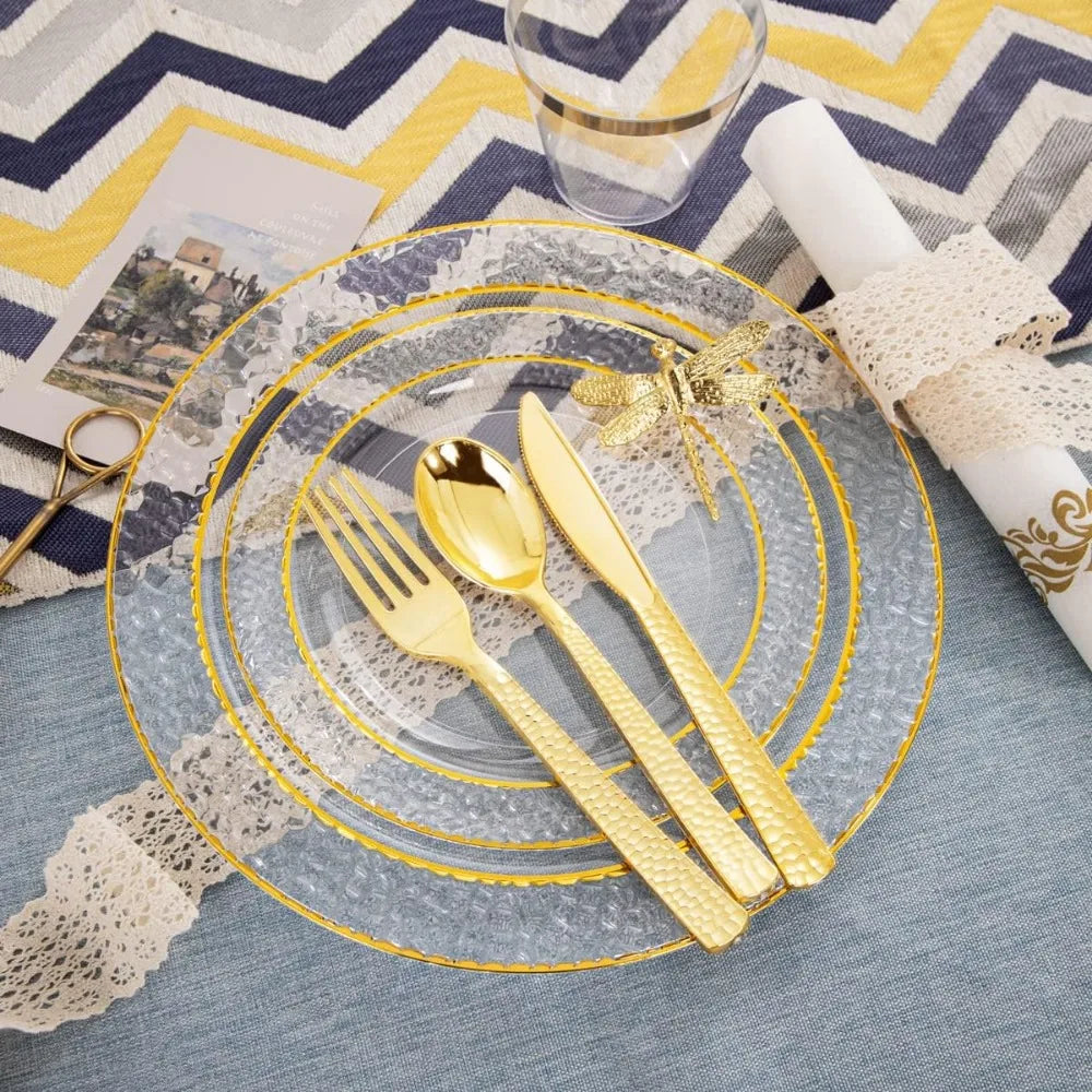 350PCS Gold Disposable Dinnerware Set, 50 Dinner Plates,