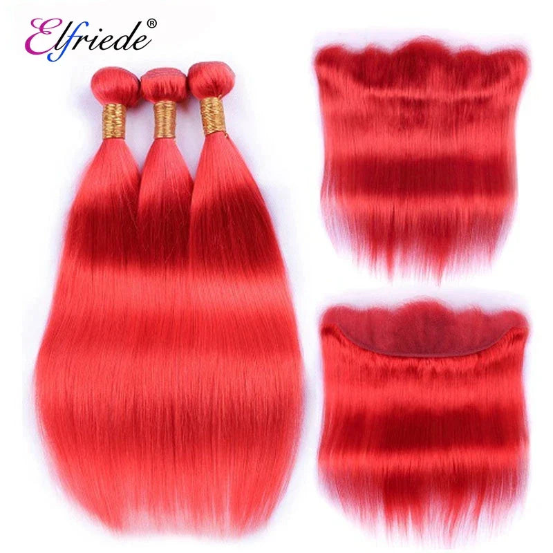 Elfriede #Red Straight Colored Hair Bundles with Frontal