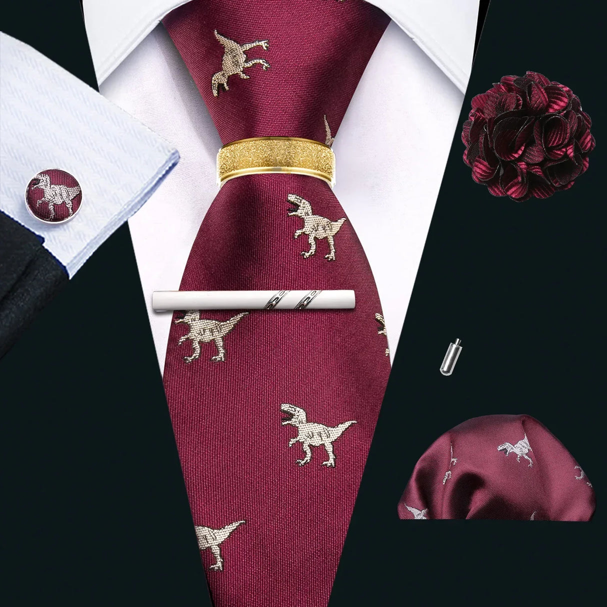Barry.Wang Silk Mens Tie Hanky Cufflinks Clip Brooch
