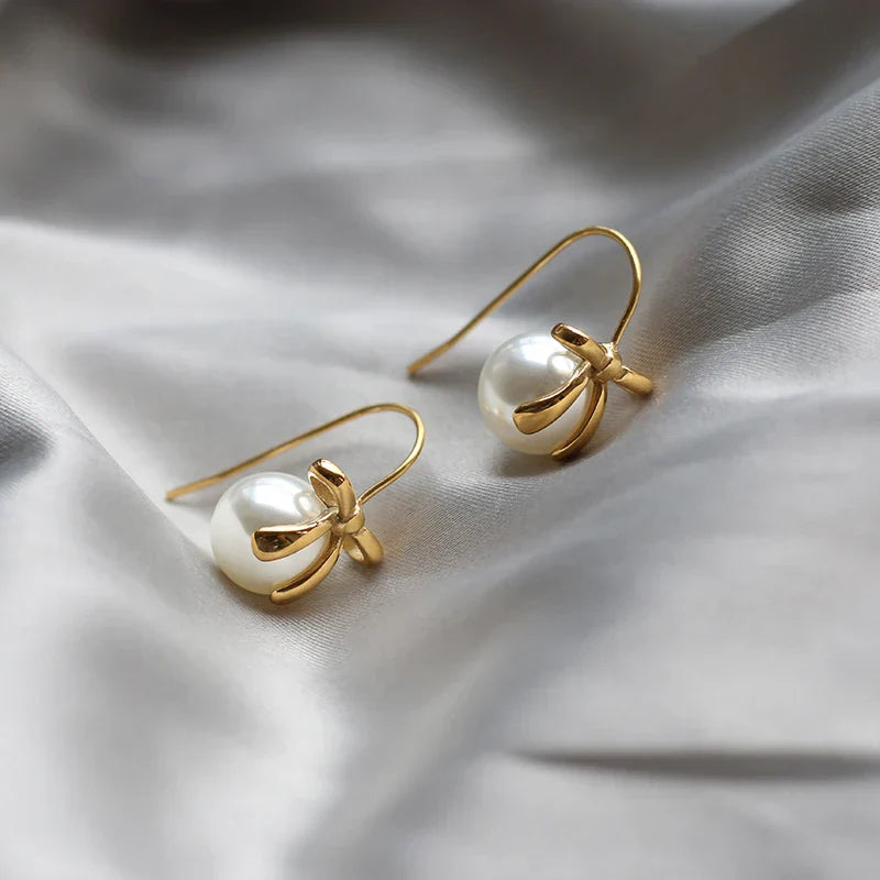 French Temperament Bow Ribbon Imitation Pearl Earrings for