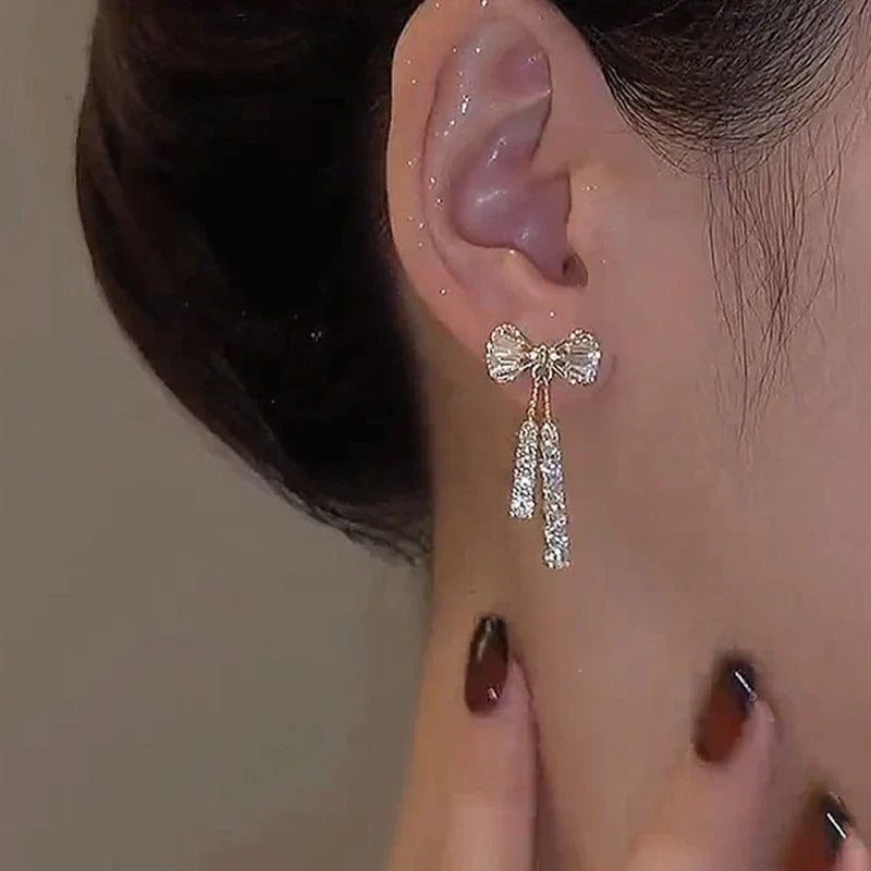 Korean Trendy Bow Crystal Drop Earrings For Women