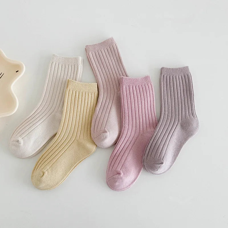 5Pairs/lot Solid Kids Socks Casual Baby Girls Boys