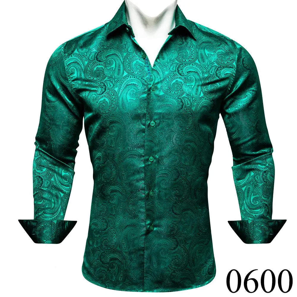 Luxury Silk Shirts for Men Green Paisley Long