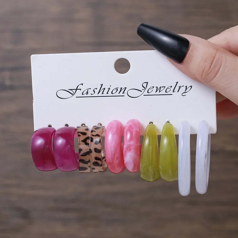 Simple Acrylic C-shaped Cut Earrings 5 Pairs Set