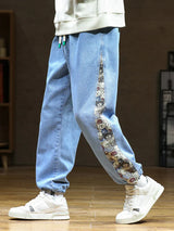 Spring Autumn Men's Straight Jeans Fashion Bear Patchwork