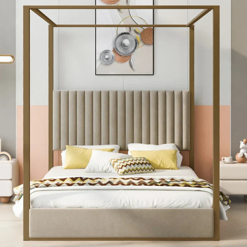 Queen Size Upholstery Canopy Platform Bed with Headboard and Metal Frame，Adult and adolescent double bed,single bed，marriage bed