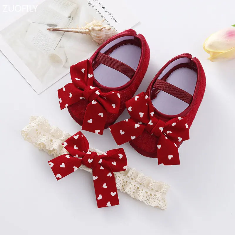 0~18M Cute Bowknot Newborn Baby Shoes Headband Set