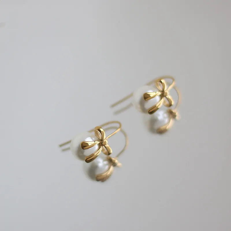 French Temperament Bow Ribbon Imitation Pearl Earrings for