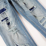 Men Crystal Stretch Denim Jeans Streetwear Painted Patch