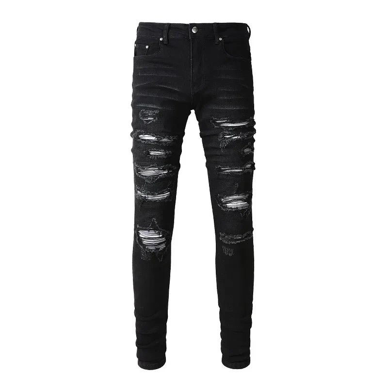 Men Pleated Patch Biker Jeans Streetwear Skinny Tapered