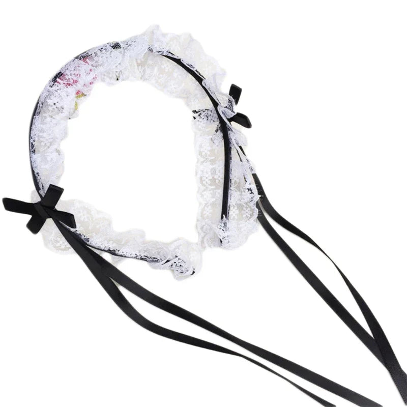 Ruffled Lace Long Ribbon Bowknot Headband Cosplay Headdress