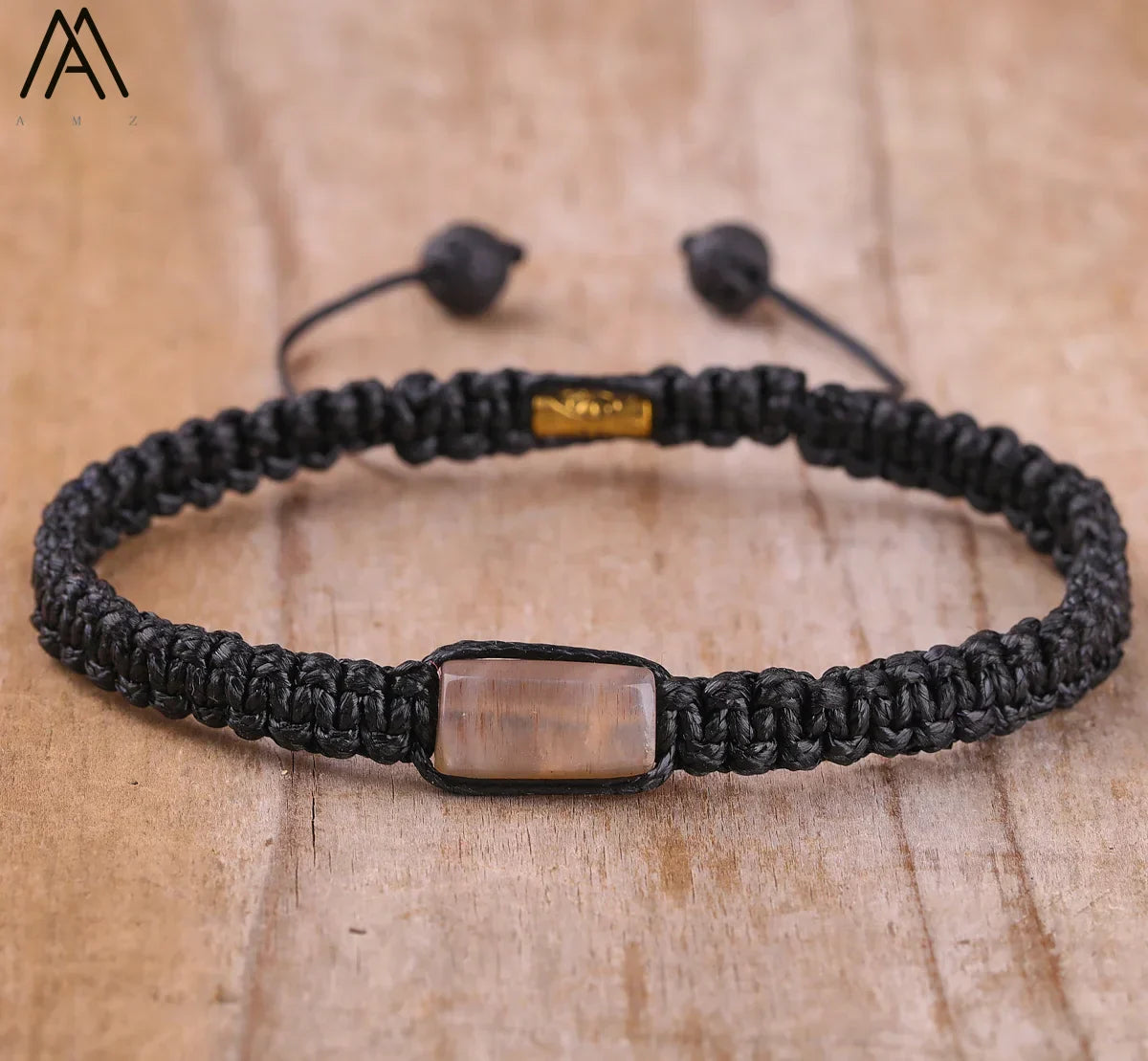 Natural Black Tourmaline Single Beads Woven Adjustable Bracelet