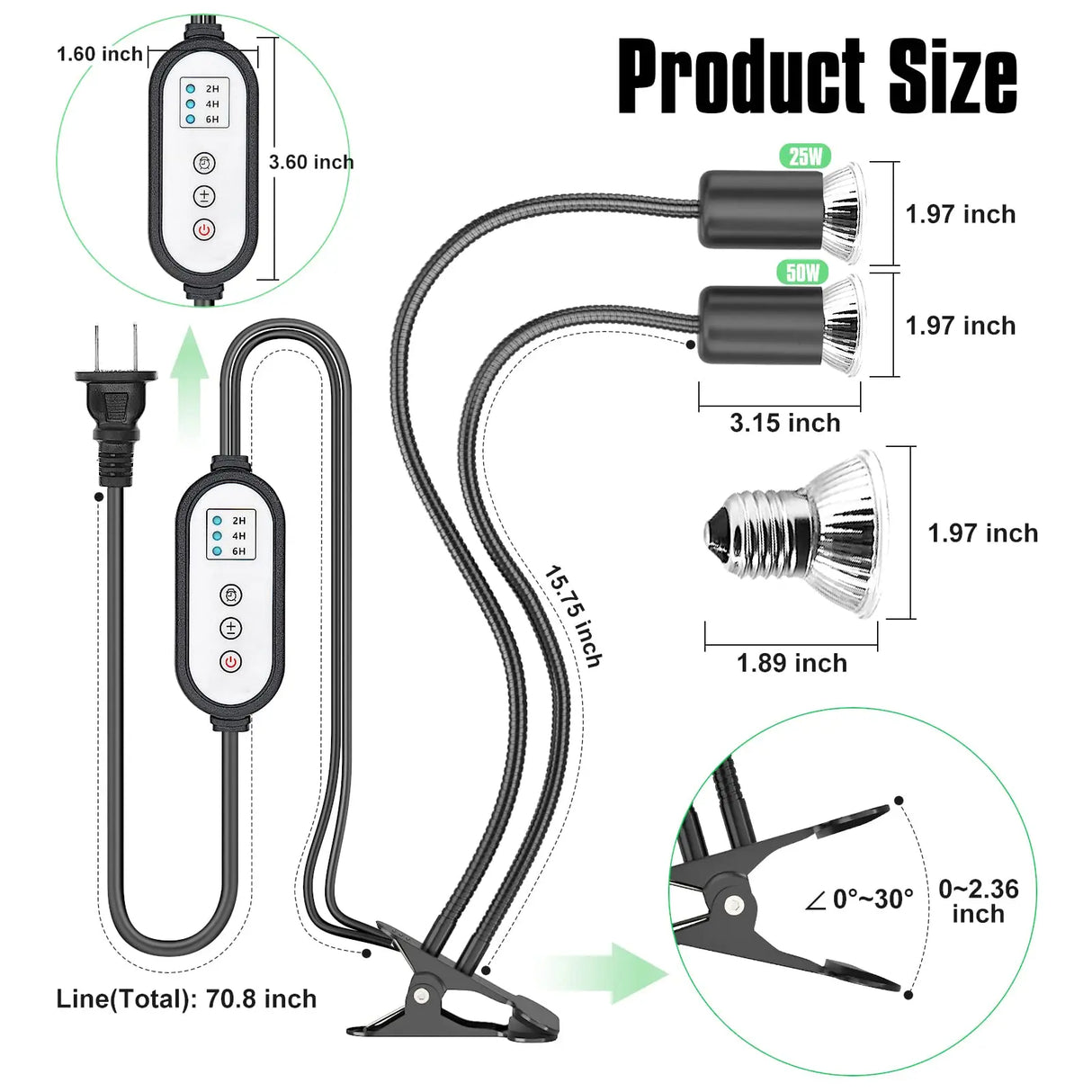 iGrowsla Dual-Head Reptile Heat Lamp Light with Timer