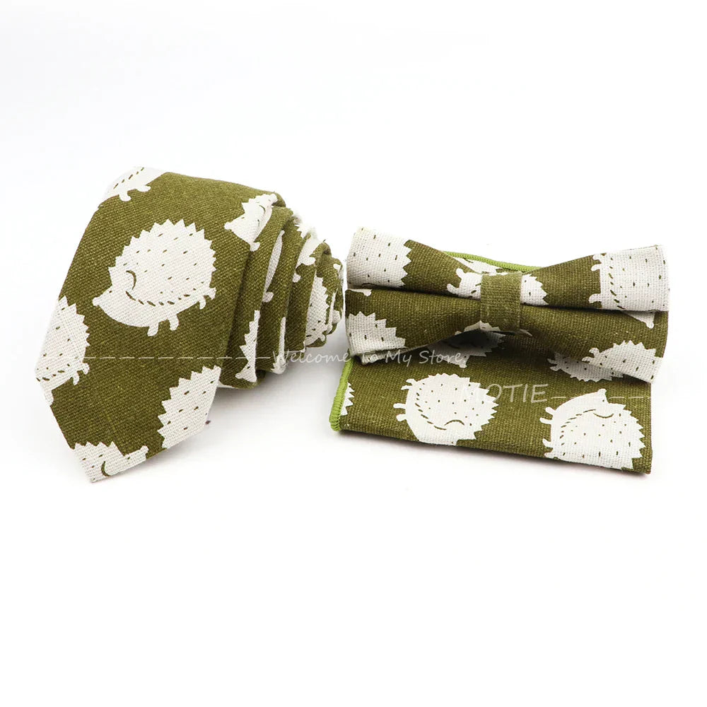 Men Linen Plant Ainmal Ties Set Pocket Handkerchief