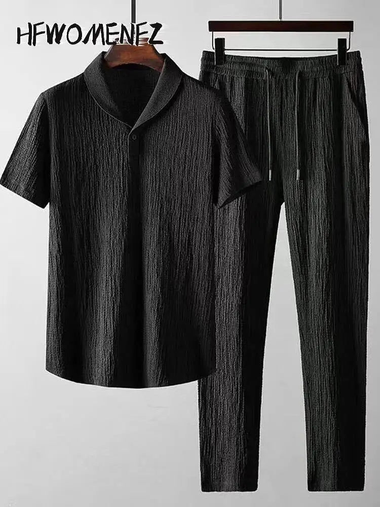 Men's 2024 Solid Pleate Two Piece Suits Summer
