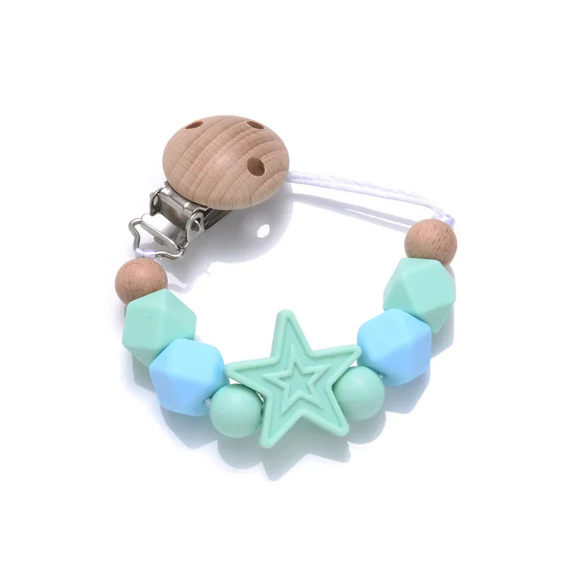 Baby Pentagram Silicone Beads Pacifier Chain Wooden Teether
