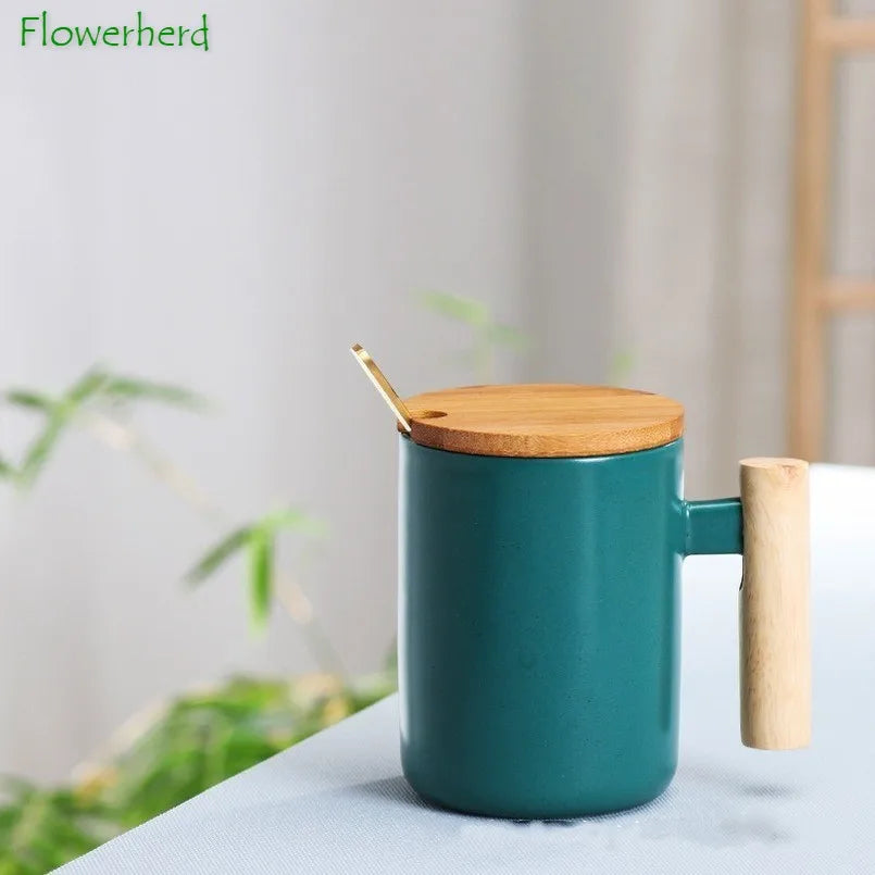 Nordic Wooden Handle Ceramic Porcelain Mug Coffee Cups