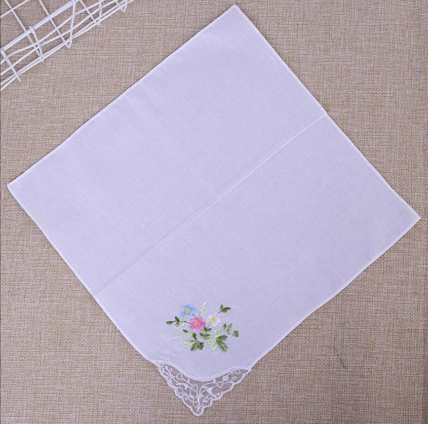 10pcs Handkerchief Cotton Floral Embroidery Lace Edge Square