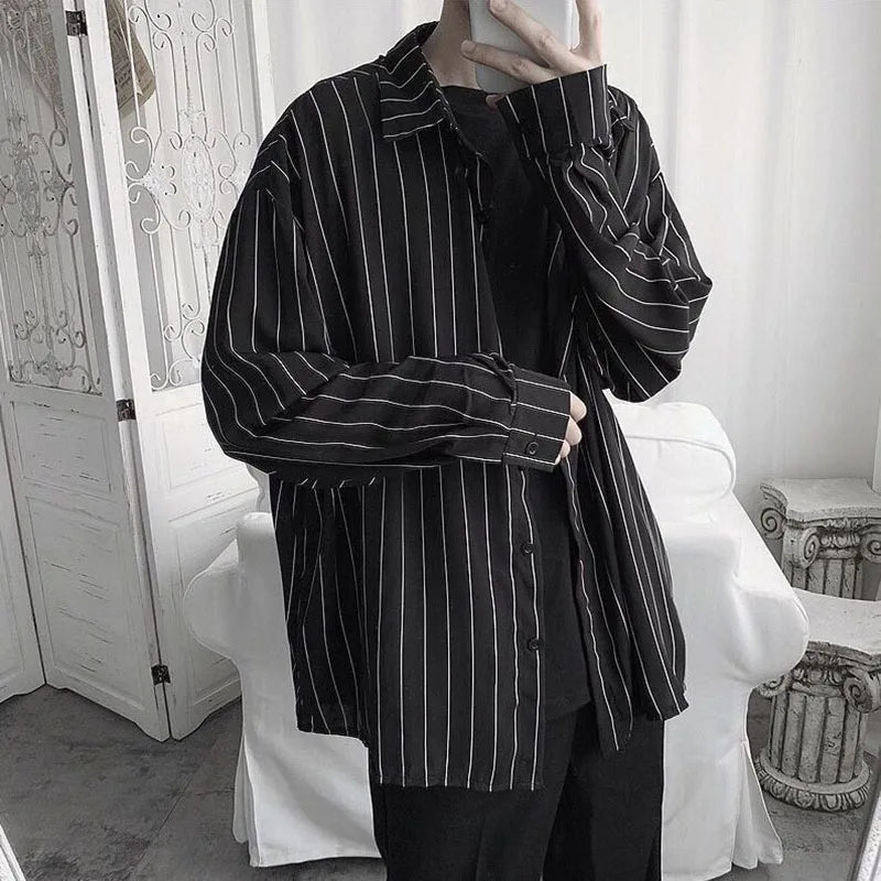 Fashion Lapel Button All-match Printed Striped Shirts Men's