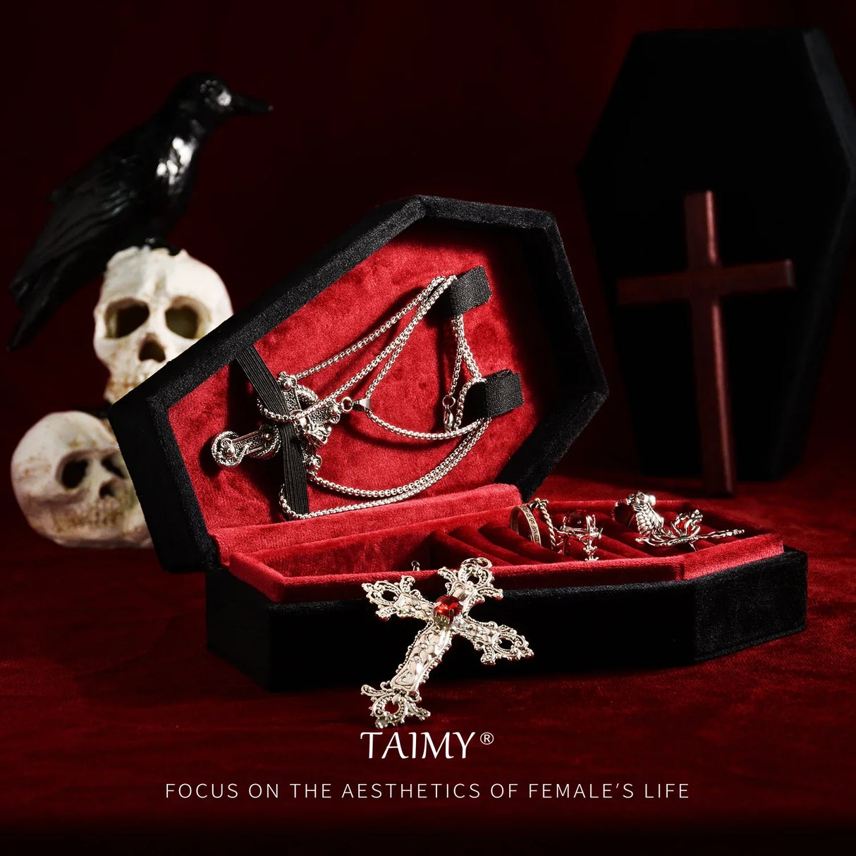 TAIMY Gothic Velvet Jewelry Coffin Shape Ring Necklace