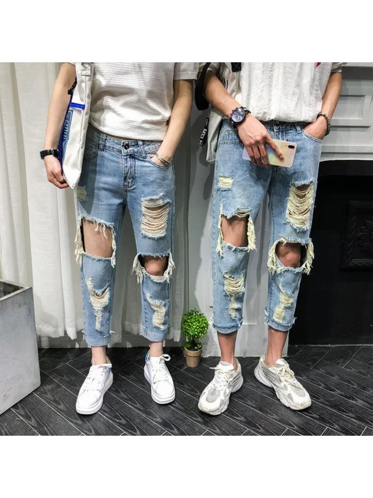 Men Jeans Knee Hole Ripped Stretch Skinny Denim