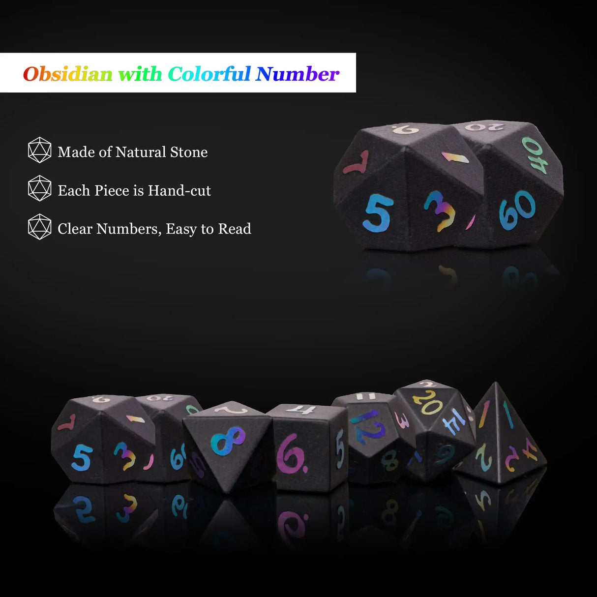 Cusdie 7Pcs Obsidian Dice DND Handmade 16mm D4-D20