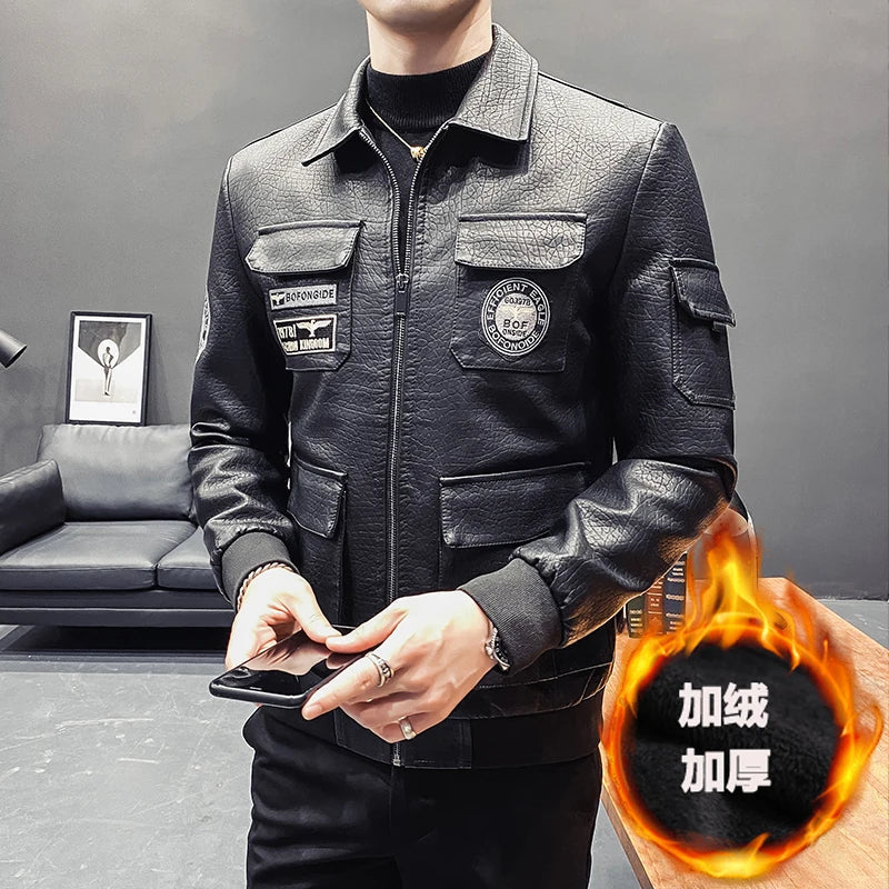 2023 New Men's Leather Jackets Autumn Winter Casual