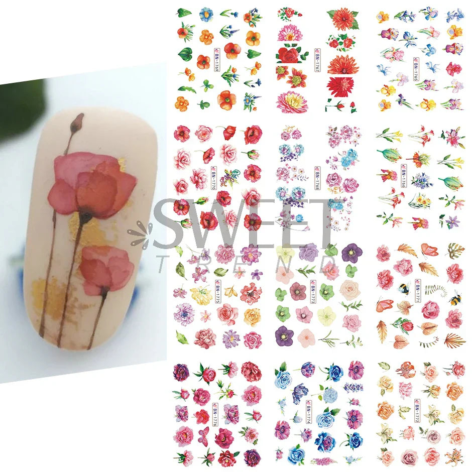 12pcs Hedgehog Animal Nail Water Stickers Pine Cones
