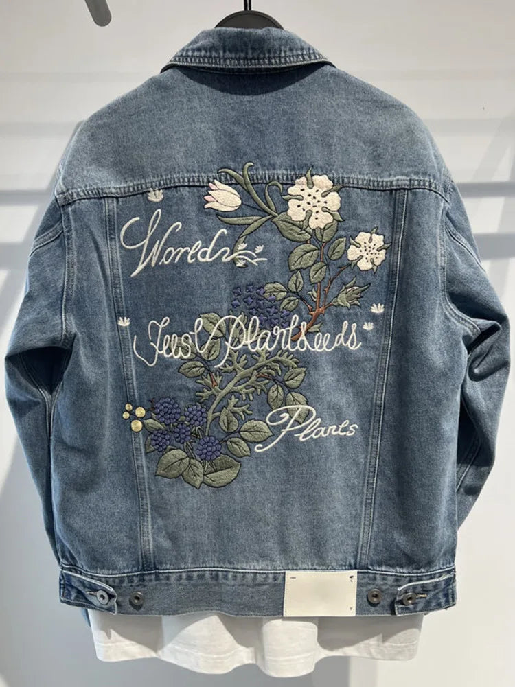 Vintage Plant Flower Embroidery Denim Jacket Men Women