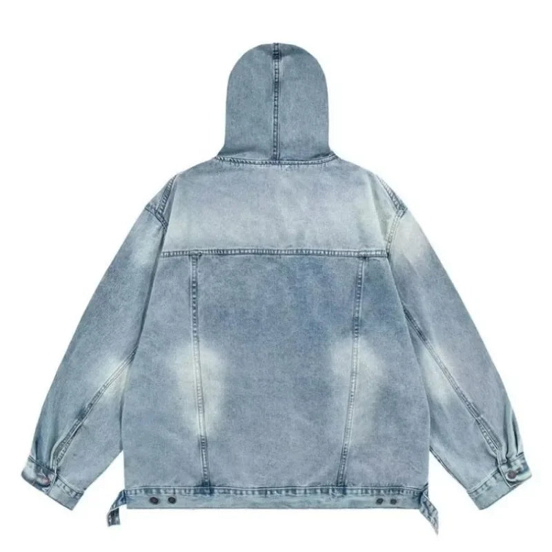 Japanese Denim Hooded Jacket Men Women Loose Casual