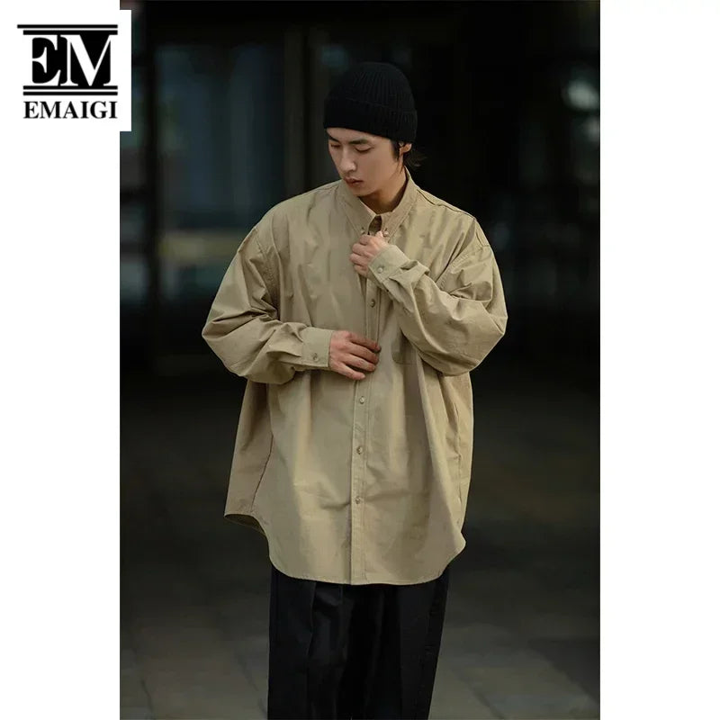 Autumn Japanese Streetwear Cityboy Solid Cotton Shirts Men