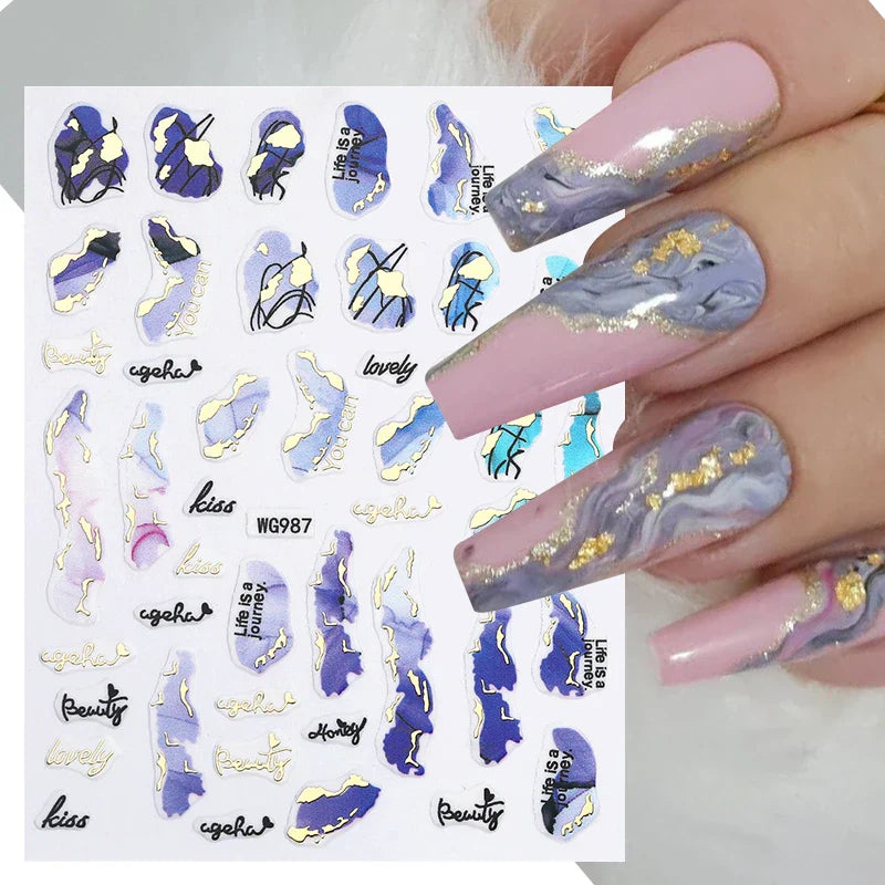 Purple Marble Nails Stickers Smoke Design Manicure Decals