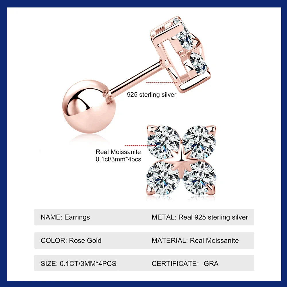 Rose Gold Four Leaf Clover Moissanite Stud Earrings
