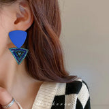 Long Retro Blue Flower Feather Tassel Dangle Earrings