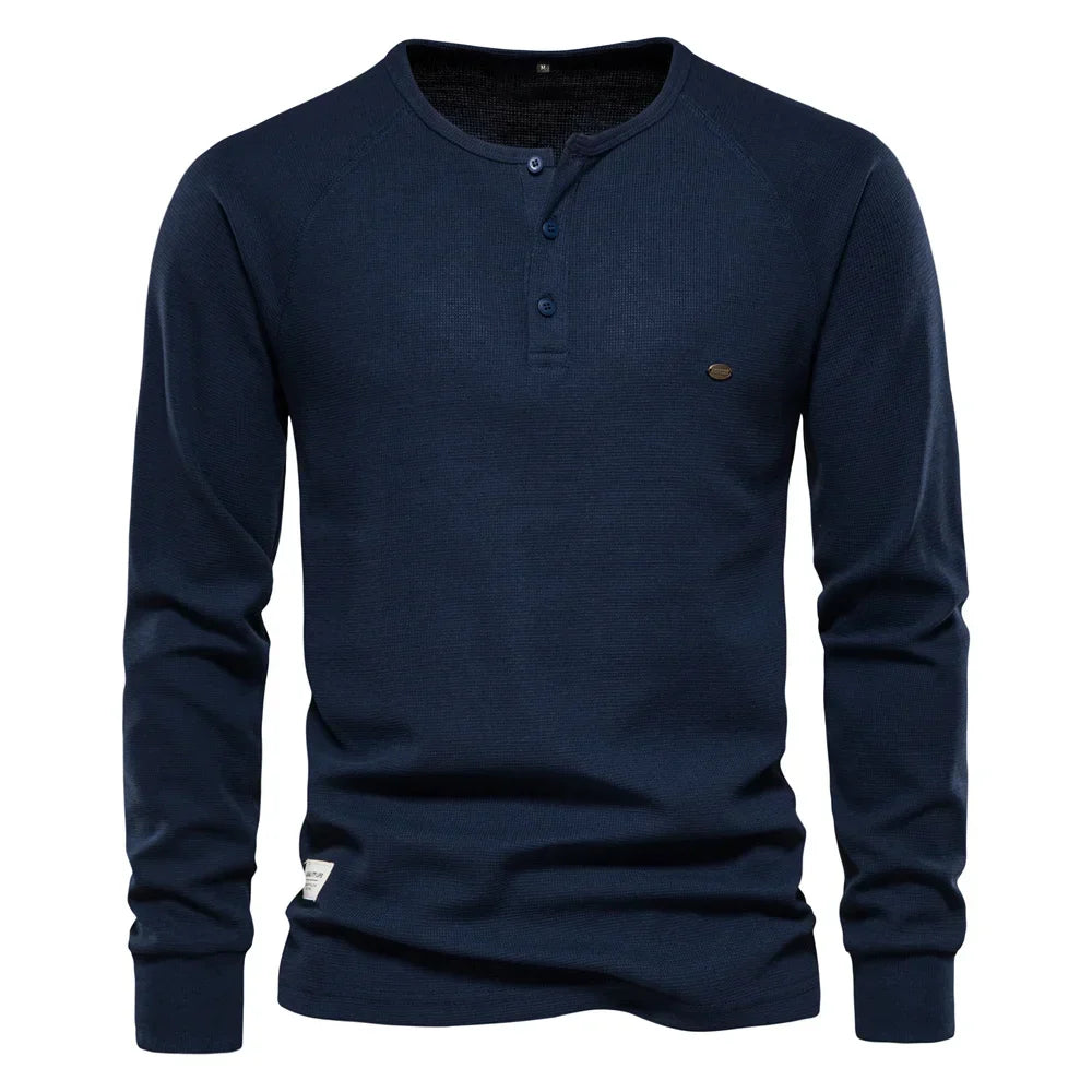 AIOPESON Waffle Henley T-Shirt Men Long Sleeve Basic