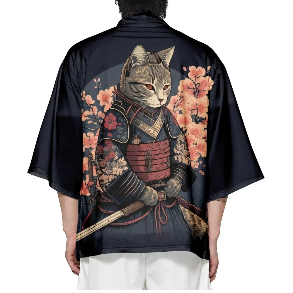 Plus Size Japanese Sakura Cat Samurai Print Kimono